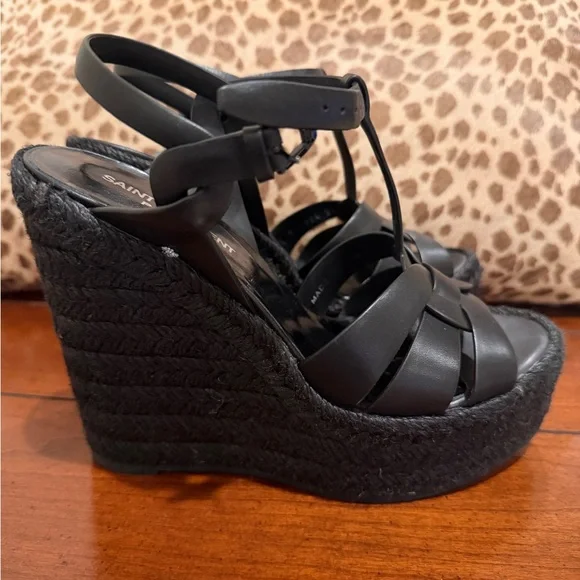 Saint Laurent Women's Tribute Espadrilles Wedge Sandals Black size 37 - Picture 4 of 12